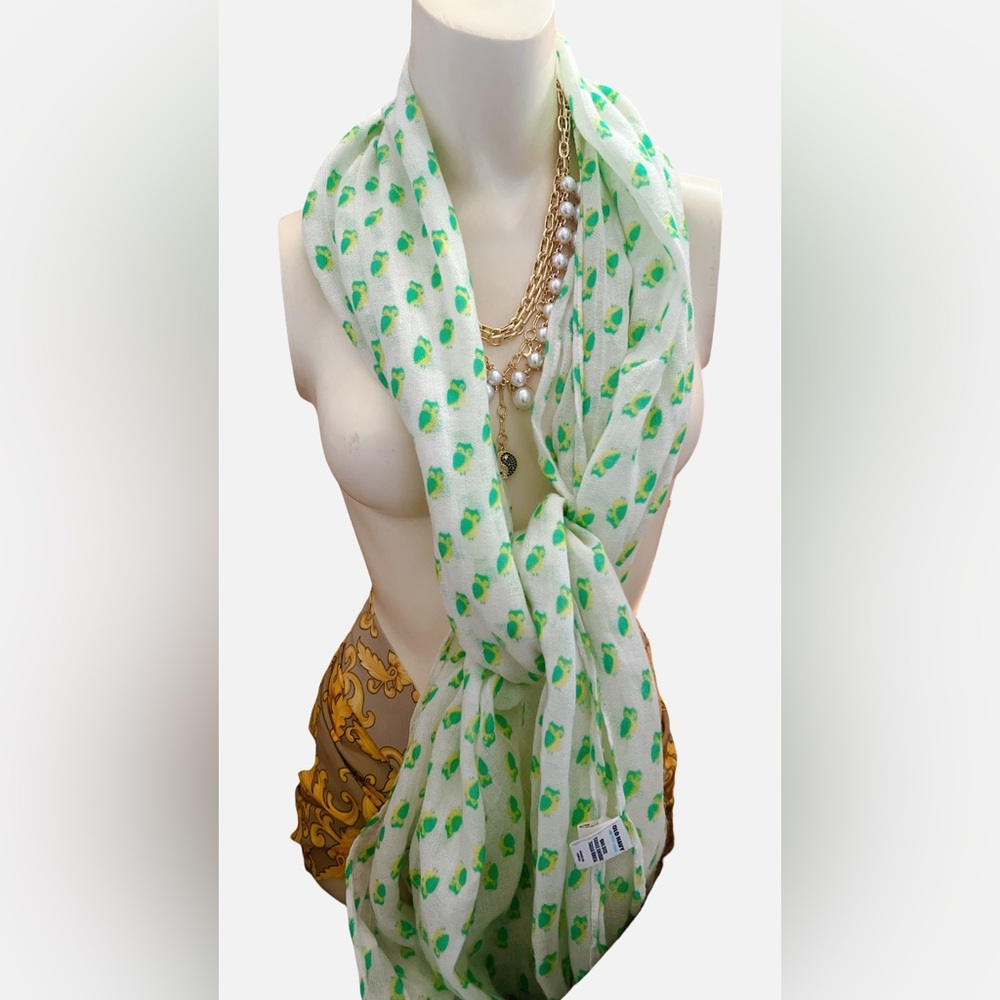 Old Navy scarf 🦉green yellow owl cream off white 74” long acrylic comfy wrap